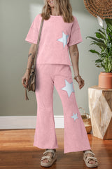 Acid Wash Star Patched Rolled Trim Pants Set