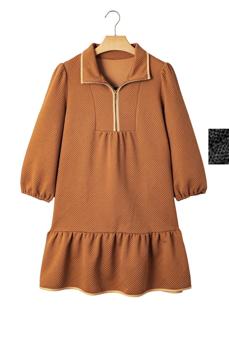 Quarter Zip Collar Bracelet Sleeve Textured Mini Dress