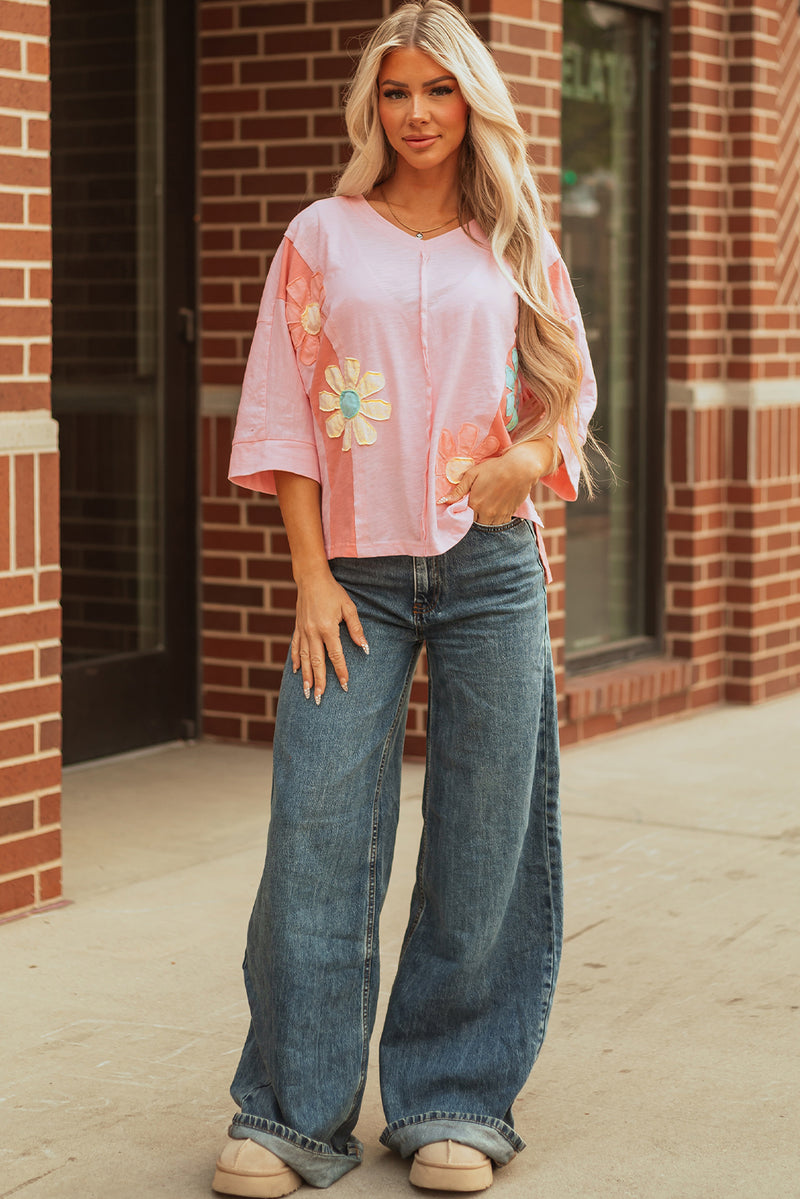 Flower Patched Exposed Seam Bracelet Sleeve Oversized T Shirt