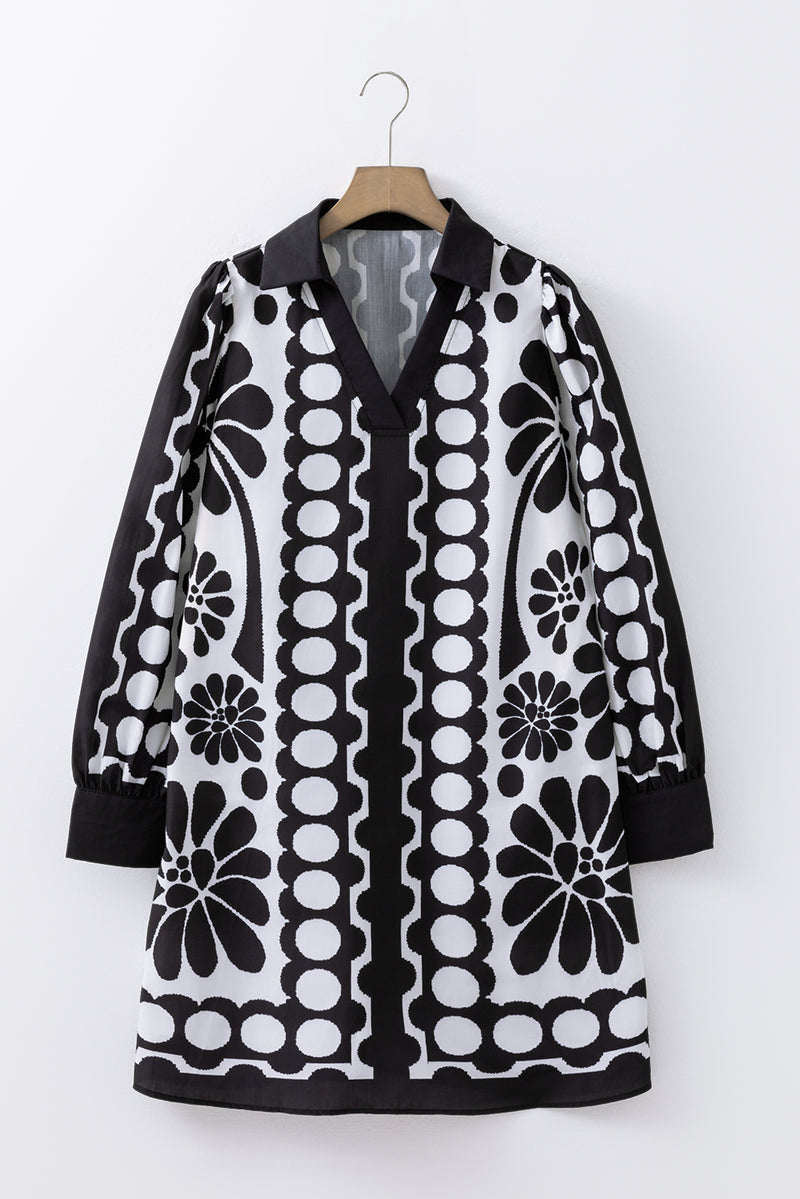 Polka Dot Floral Printed V Neck Long Sleeve Shift Mini Dress