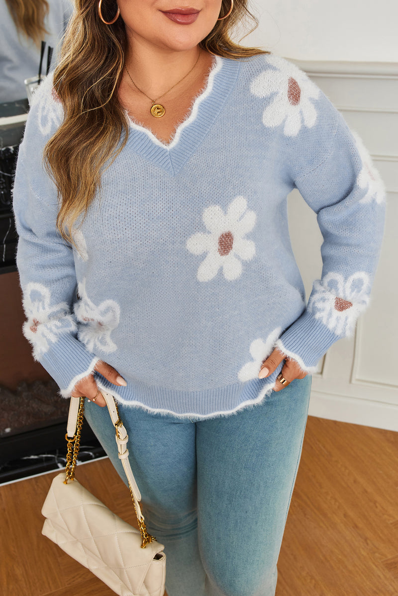 Fuzzy Flower Scalloped V Neck Plus Sweater
