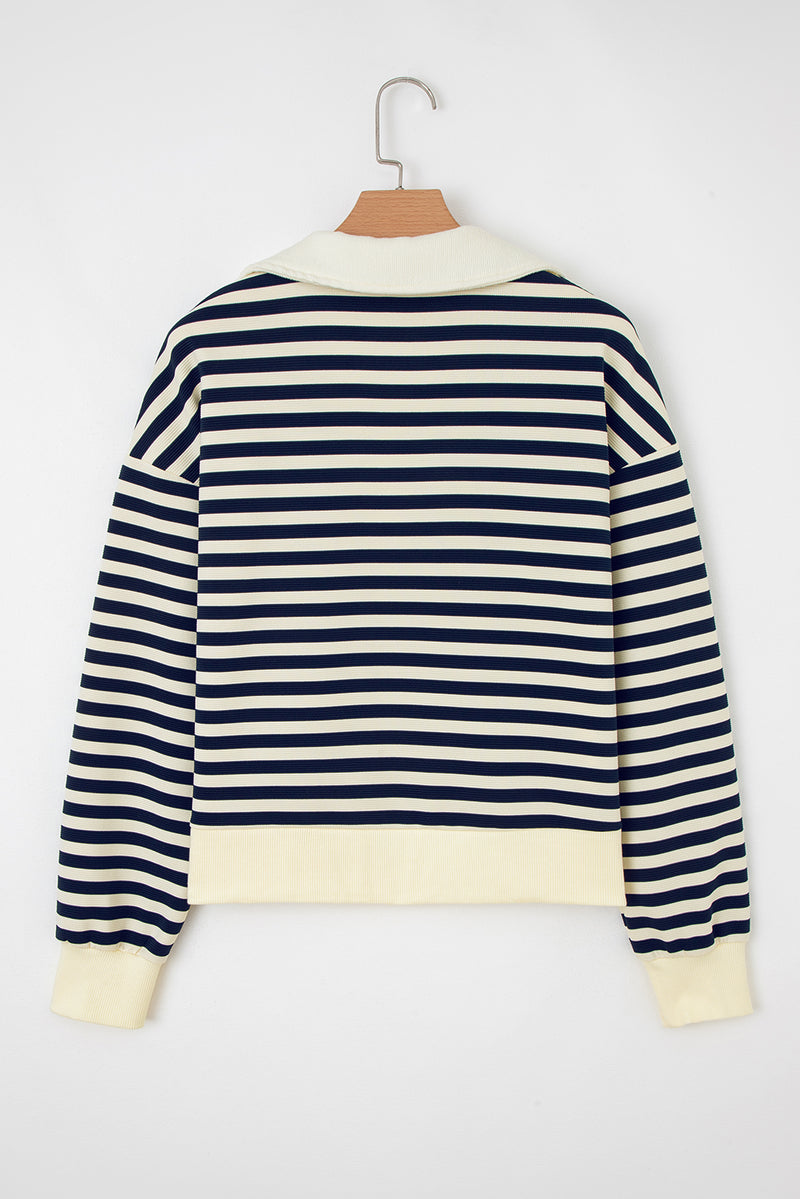 Stripe Collared V Neck Long Sleeve Casual Top
