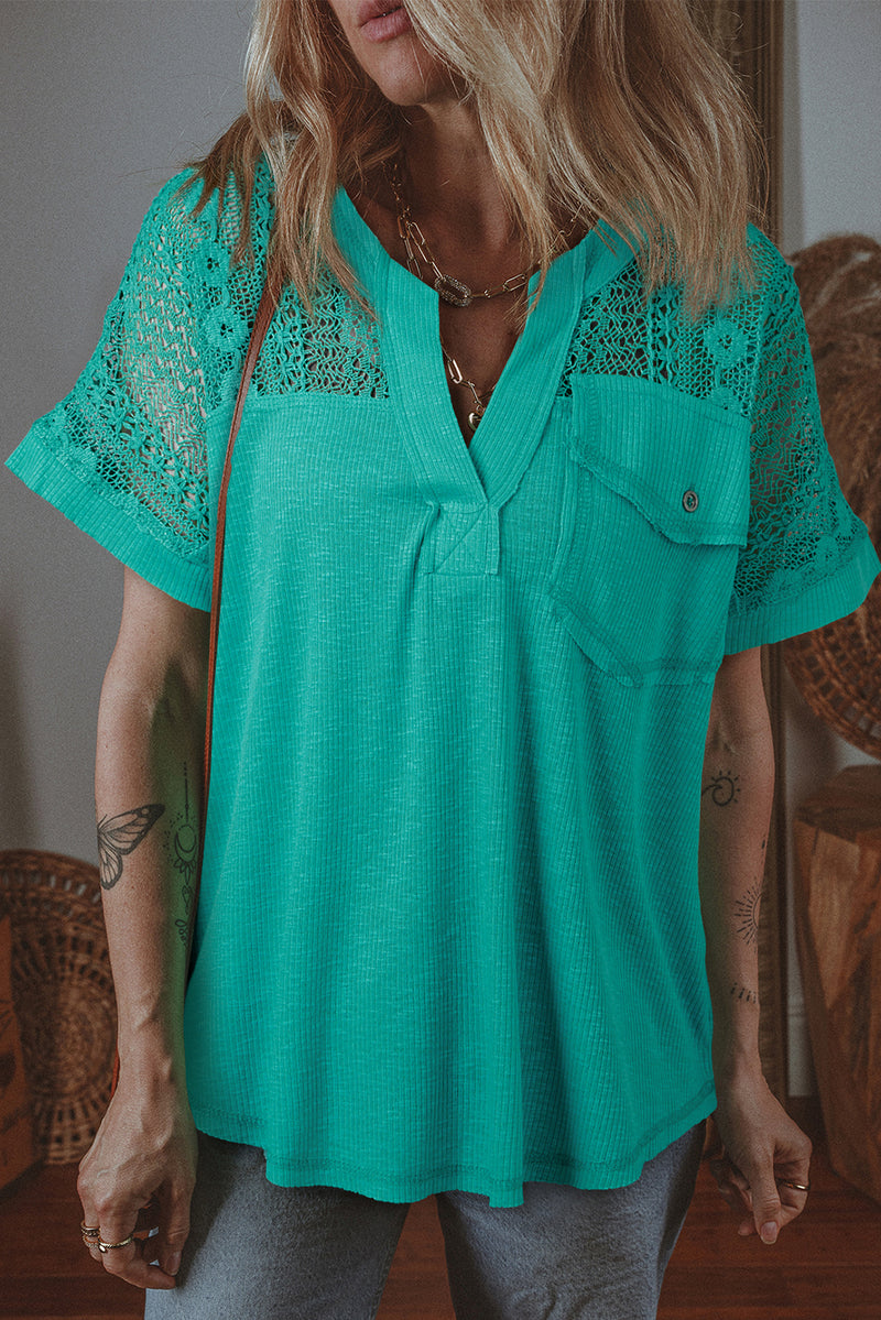 Lace Patchwork Split Neck Textured Short Sleeve Blouse