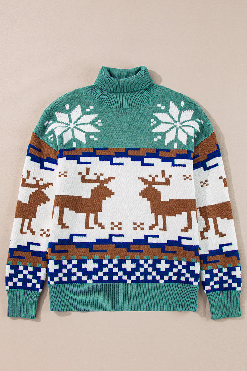 Sea Green Christmas Reindeer Snowflake Colorblock Turtleneck Sweater