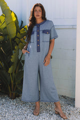 Half Placket Chest Pockets Short Sleeve Wide Leg Jumpsuit