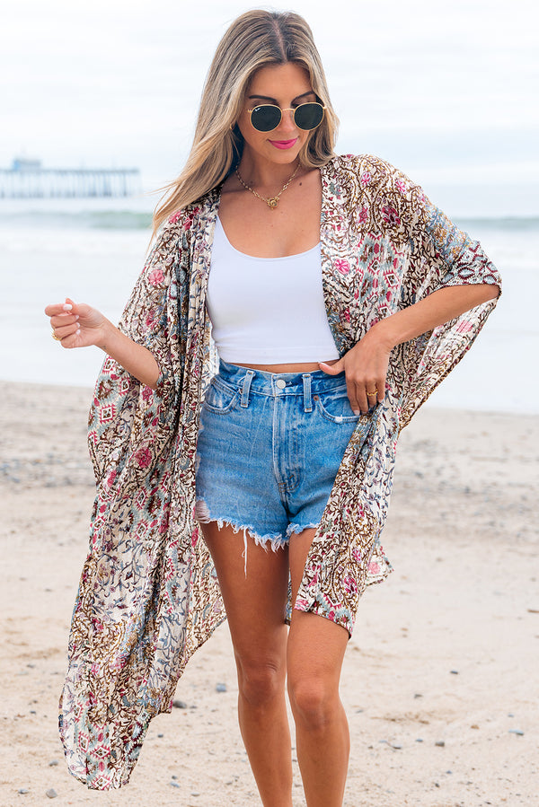 Floral Print Short Wide Sleeve Open Front Loose Kimono