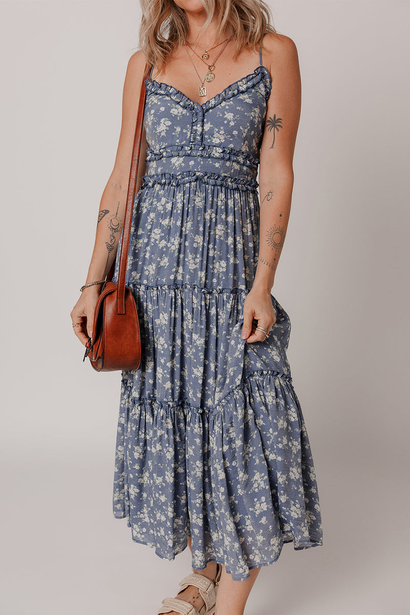 Floral Spaghetti Strap Frilled V Neck Tiered Midi Dress