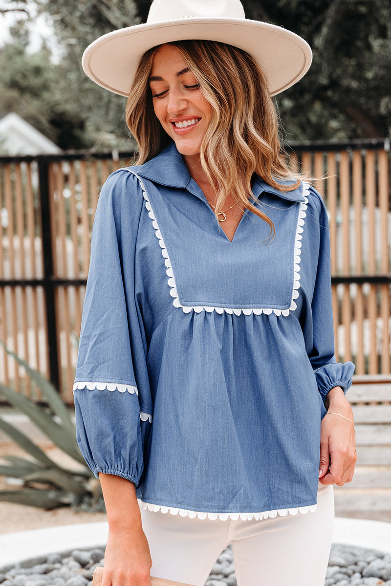 Lace Ric Rac 3/4 Puff Sleeve Collared Babydoll Blouse