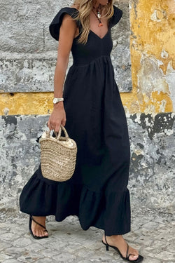 Solid V Neck Flutter Sleeve Smocked Bodice High Waist Ruffle Maxi Dress