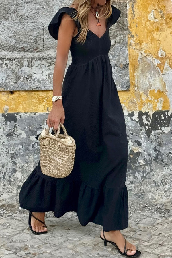 Solid V Neck Flutter Sleeve Smocked Bodice High Waist Ruffle Maxi Dress