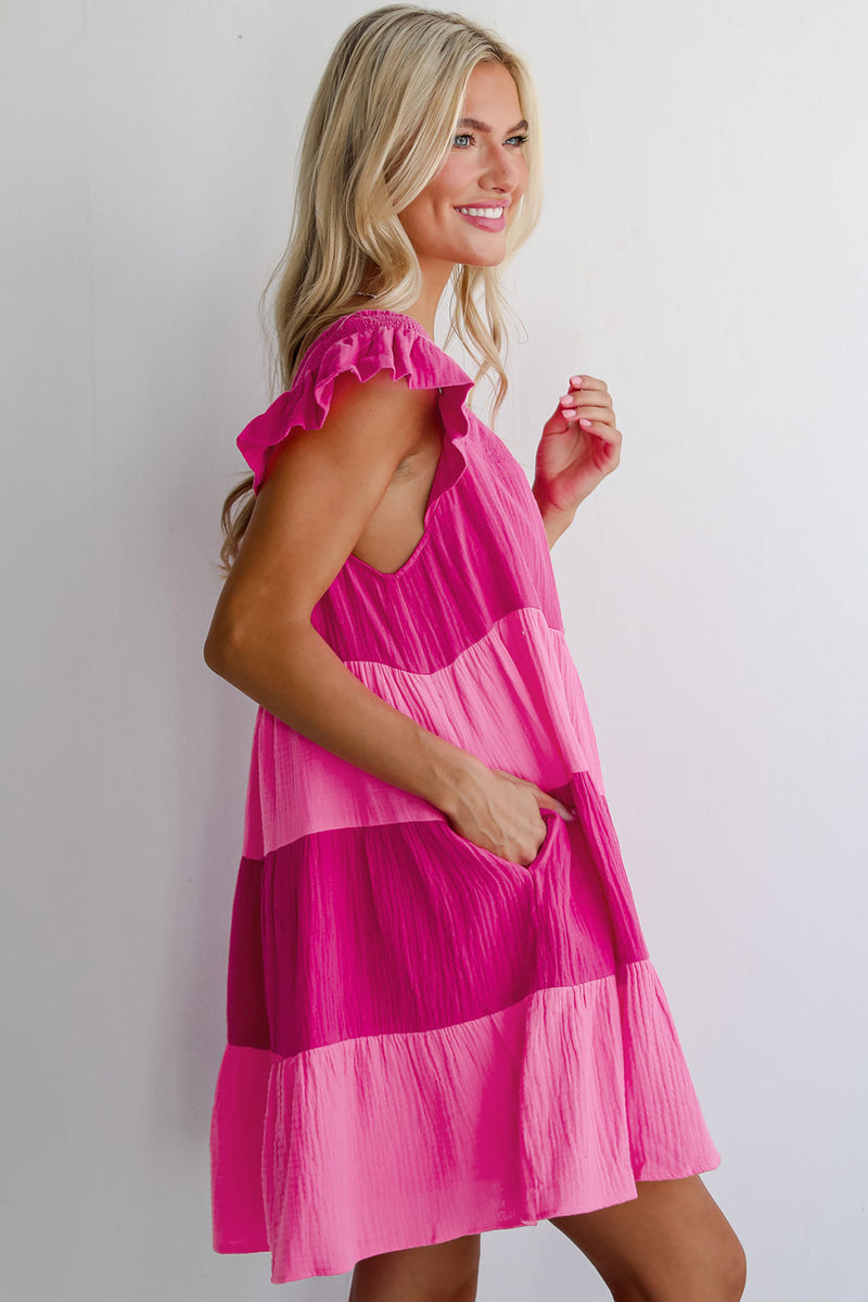 Crinkled Colorblock Patchwork Flutter Tiered Mini Dress