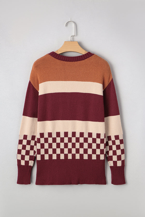 Checkered Color Block Knitted Drop Shoulder Sweater