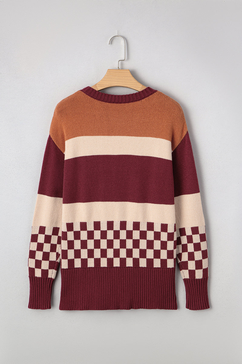 Checkered Color Block Knitted Drop Shoulder Sweater