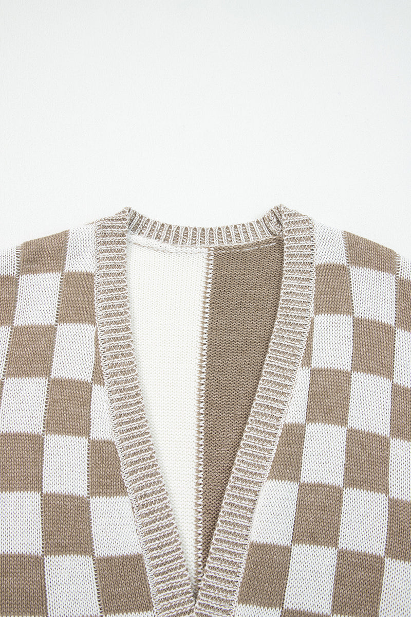 Checkered Open Front Drop Shoulder Cardigan