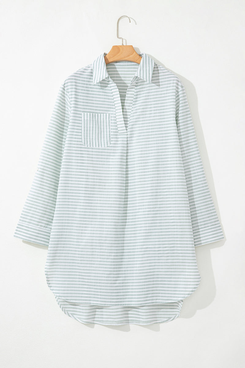 Stripe Collared V Neck Chest Pocket Long Sleeve Beach Cover up