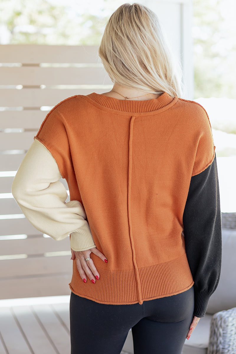 Colorblock Raw Edge Bubble Sleeve V Neck Sweater