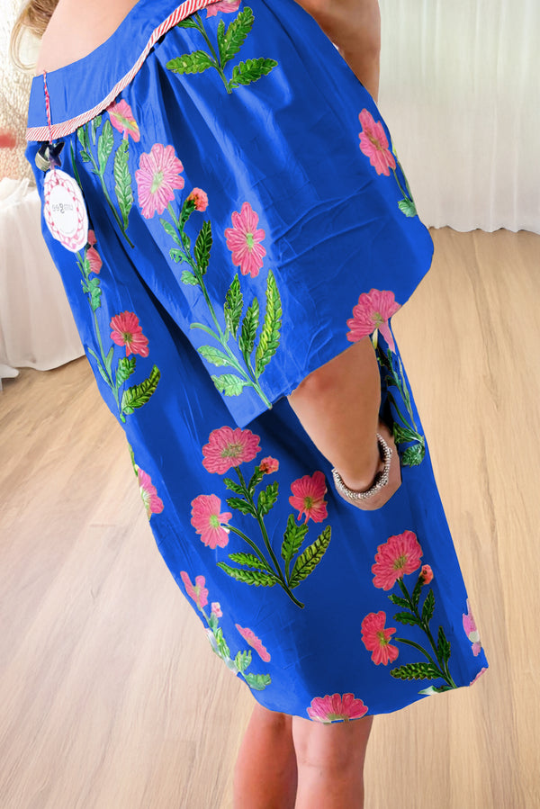 Floral Short Sleeve Split Neck Loose Mini Dress