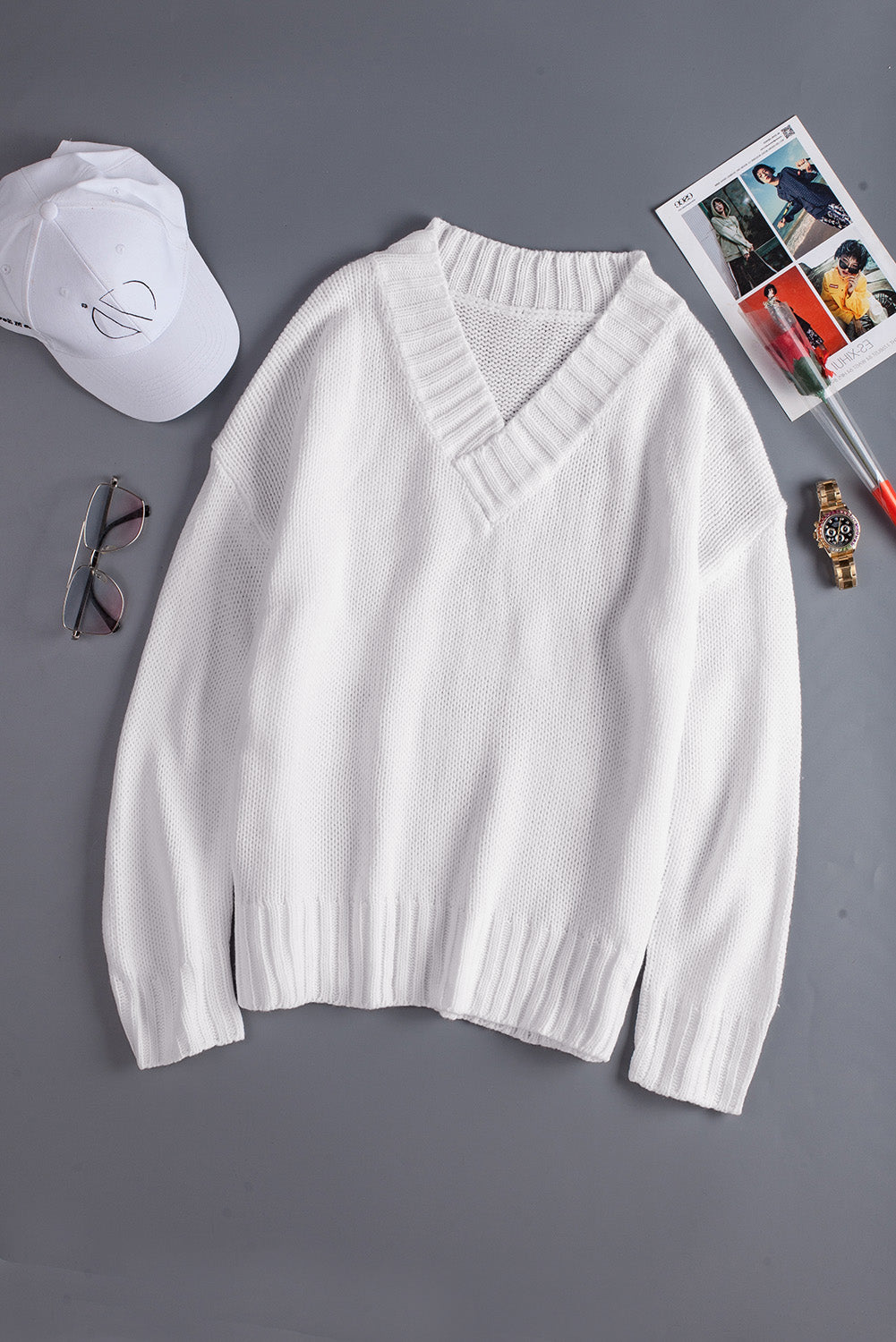 Solid V neck Drop Shoulder Knitted Sweater