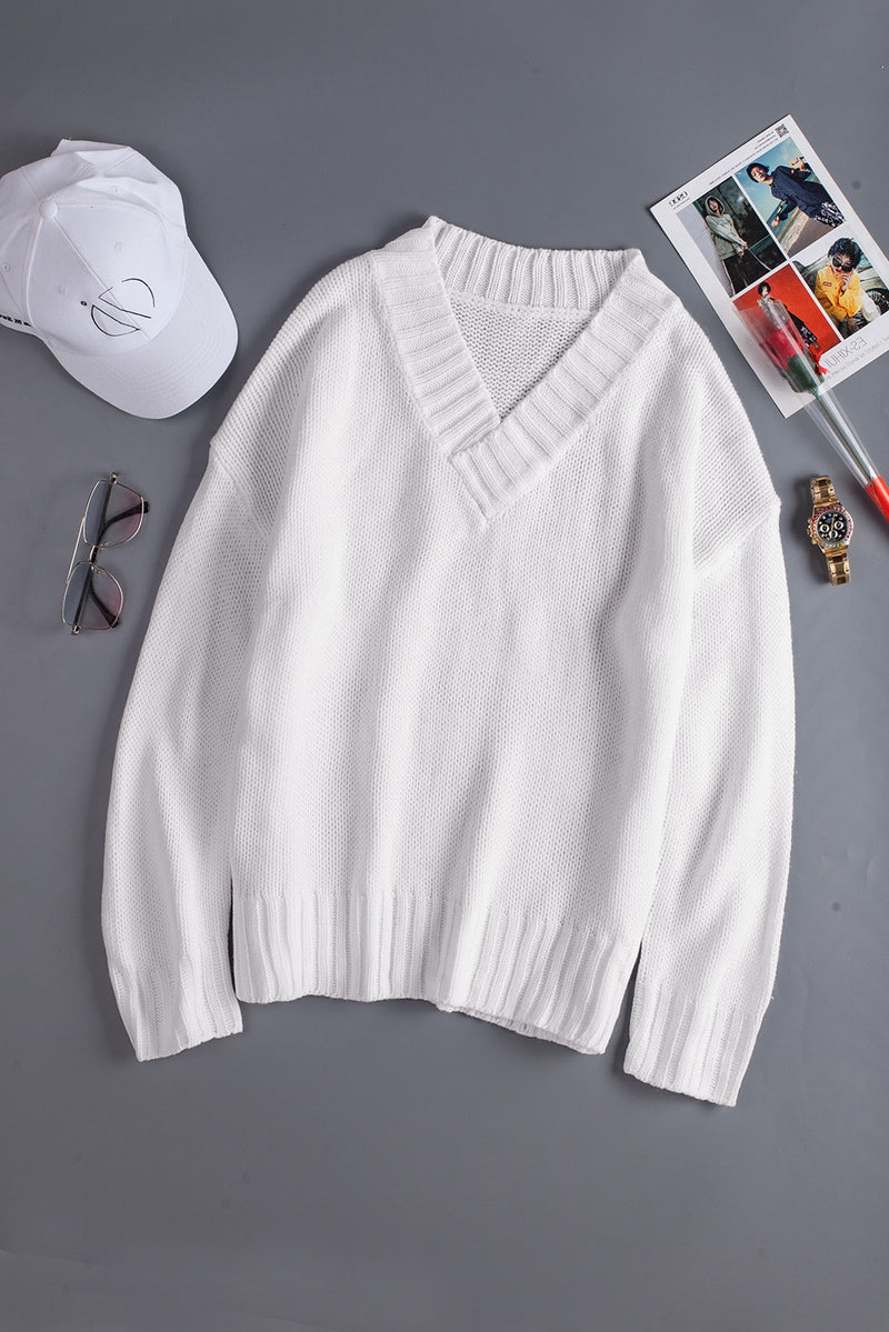 Solid V neck Drop Shoulder Knitted Sweater