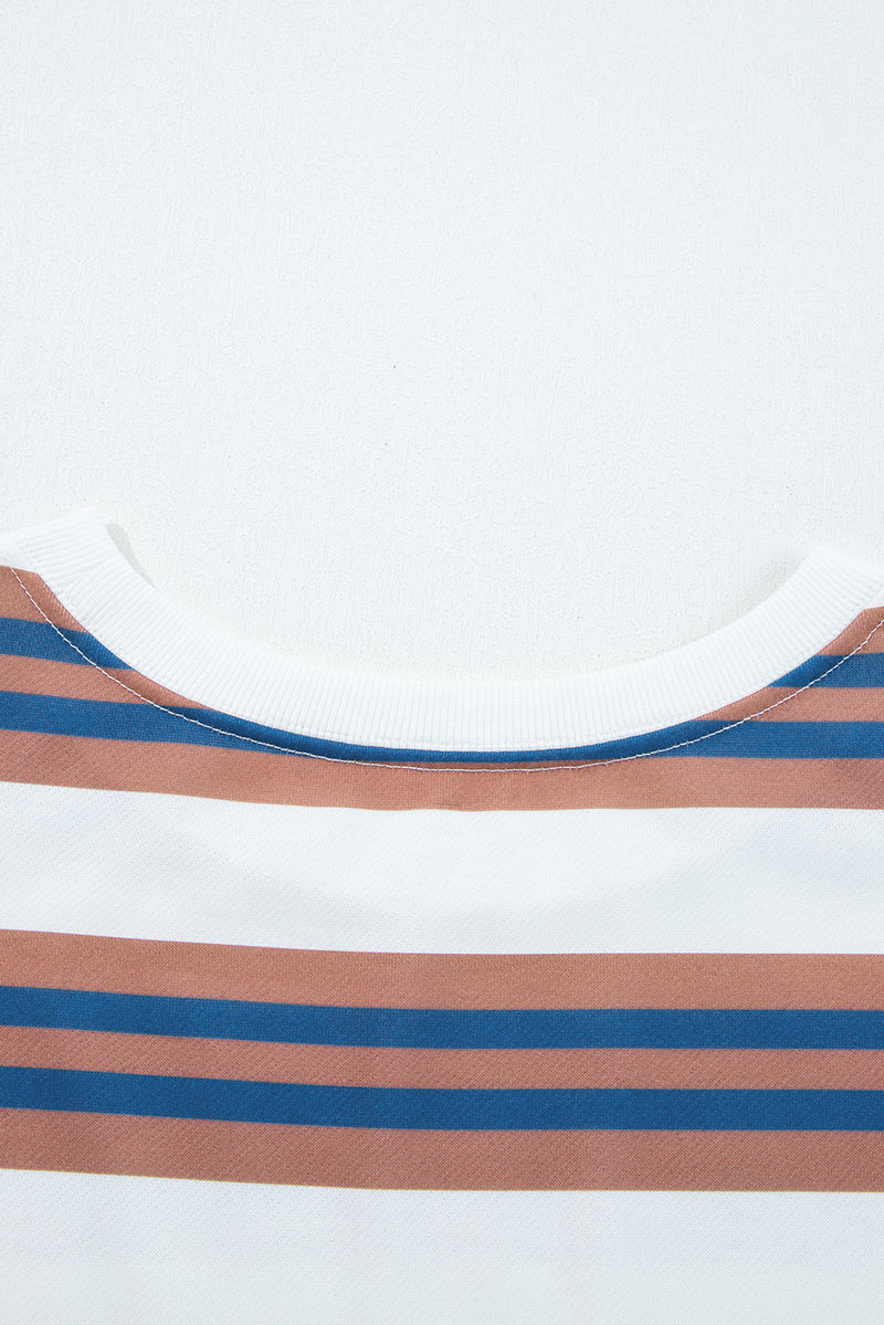 Brown Stripe Crew Neck Drop Shoulder Pullover Sweatshirt