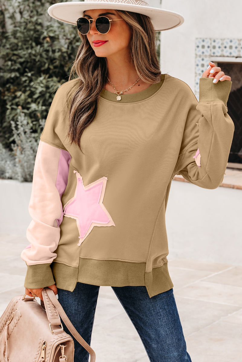 Contrast Star Patchwork Exposed Seam Uneven Hem Drop Shoulder Sweatshirt