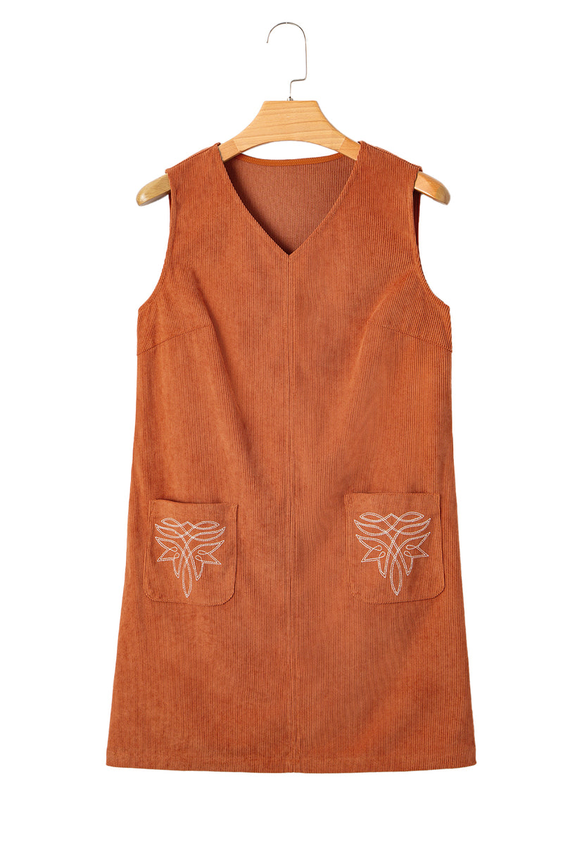 Corduroy Western Embroidered Patched Pocket Shift Sleeveless Mini Dress