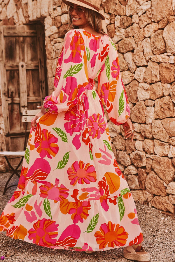 Floral Print Smocked Detail V Neck Puff Sleeve Flowy Maxi Dress