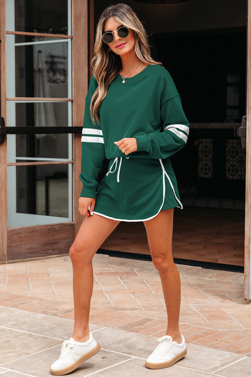 Varsity Stripe Detail Drop Shoulder Pullover Mini Skirt Set