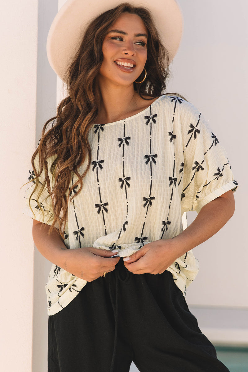 Flowy and Comfortable Bow Print Puff Short Sleeve Top
