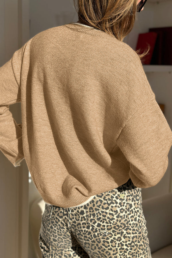 Leopard Bow Decor Split Cuff Contrast Trim Sweater