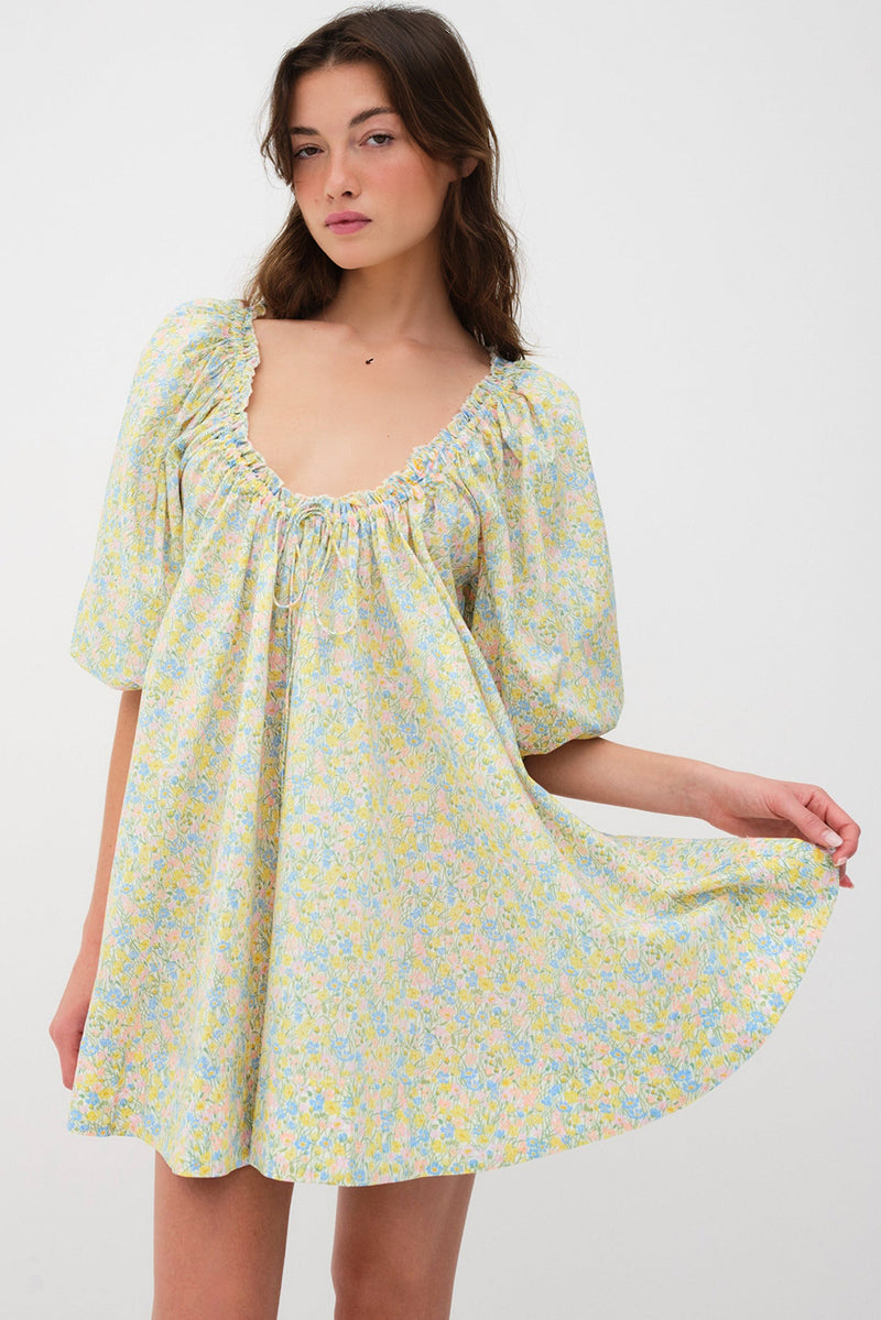 Floral Half Sleeve Frilled U Neck A-line Short Dress