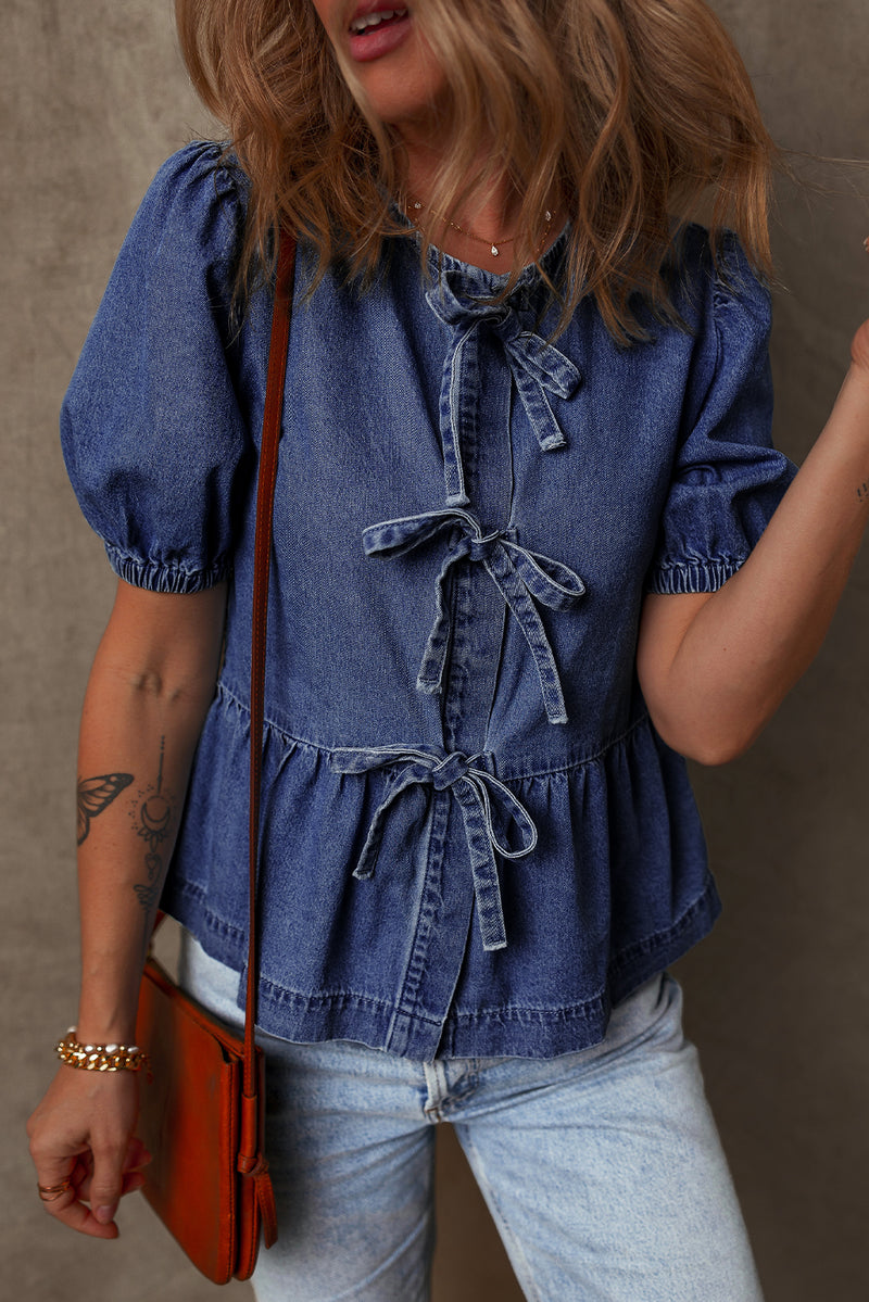 Tied Front Bubble Sleeve Peplum Denim Shirt