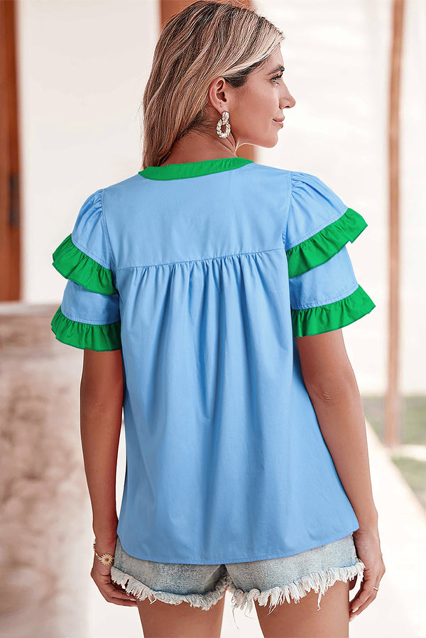 Contrast Notched Neck Frilly Detail Short Sleeve Blouse