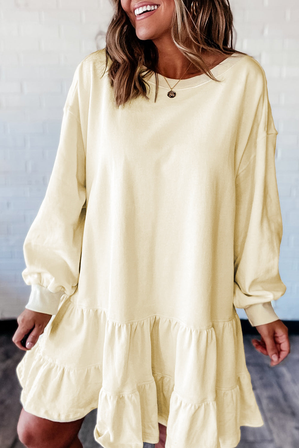 Light Yellow Double Tiered Ruffle Hem Long Sleeve Loose Mini Dress