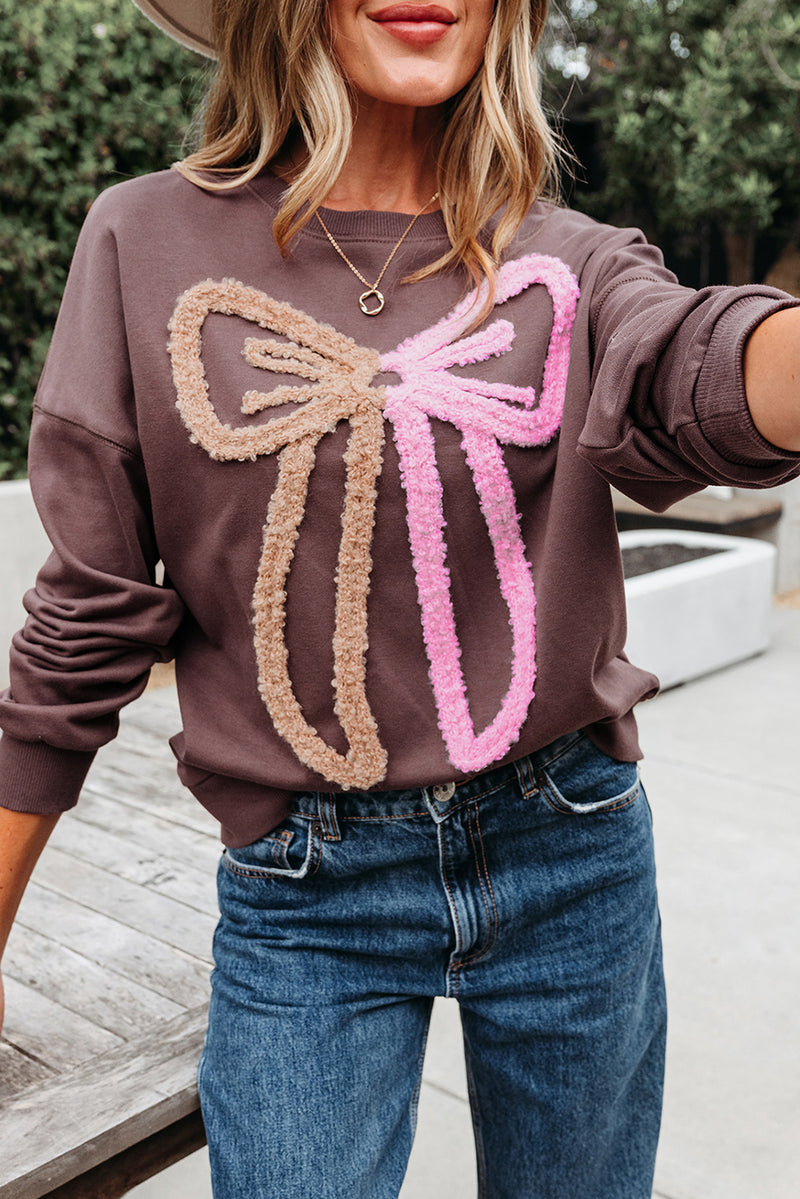 Contrast Terry Bow Pattern Drop Shoulder Sweatshirt