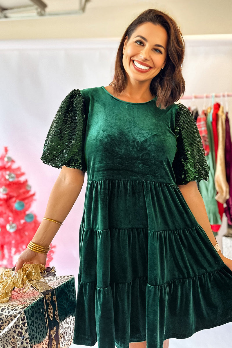 Sequin Puff Sleeve High Waist Tiered Velvet Mini Dress