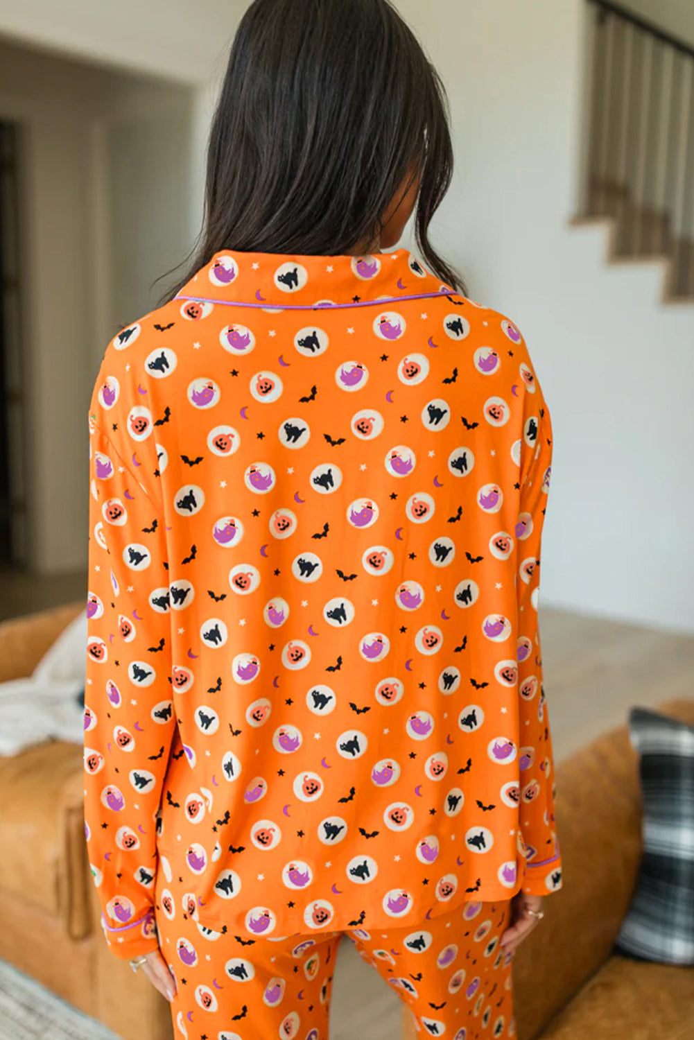 Halloween Print Lapel Shirt Long 2pcs Pajama Set