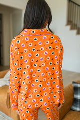 Halloween Print Lapel Shirt Long 2pcs Pajama Set