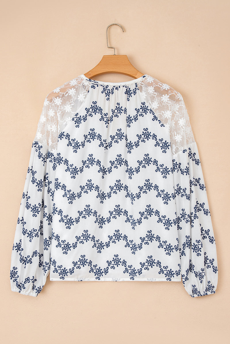 Lace Patchwork Floral Bubble Sleeve V Split Neck Blouse