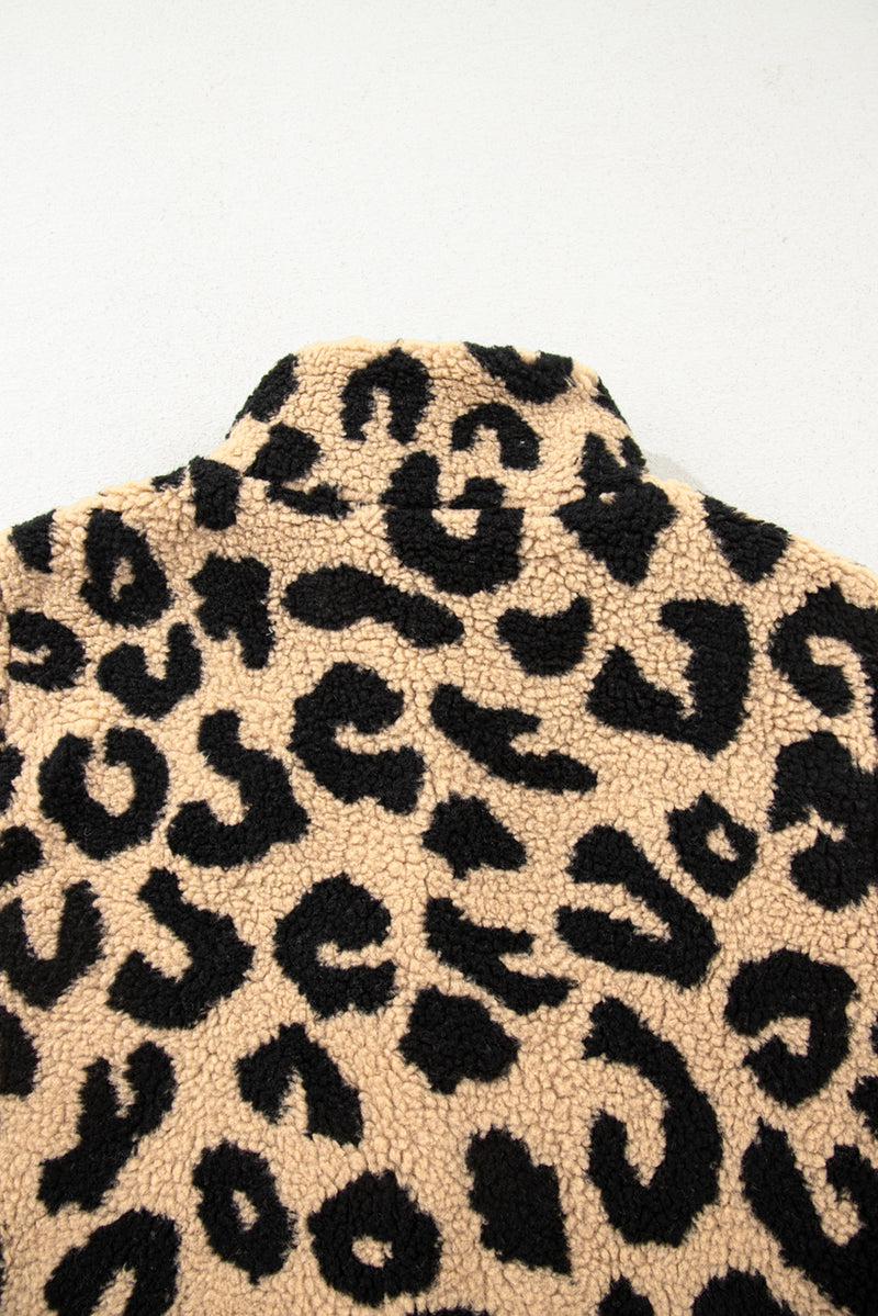Leopard Sherpa Button Front Collared Plus Size Vest Jacket