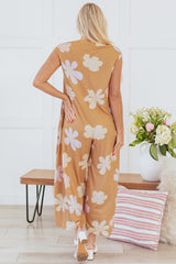 Floral Print Sleeveless Button up Wide Leg Loose Jumpsuit