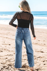 Star Patchwork Cropped Wide Leg High Waist Jeans