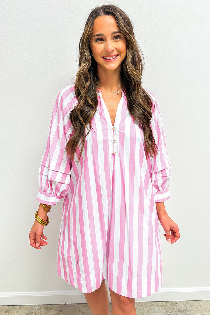 Stripe Bracelet Sleeve Buttons Loose Mini Dress