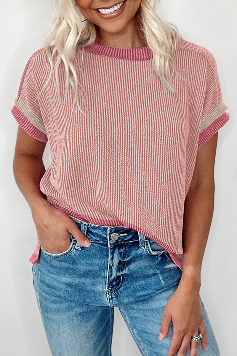 Solid Textured Contrast Trim Round Neck T Shirt