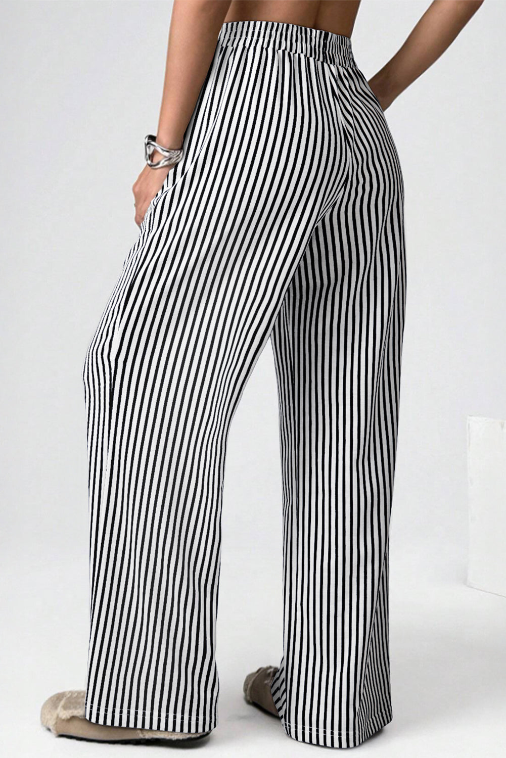 Stripe Elastic High Waist Pocketed Loose Pants