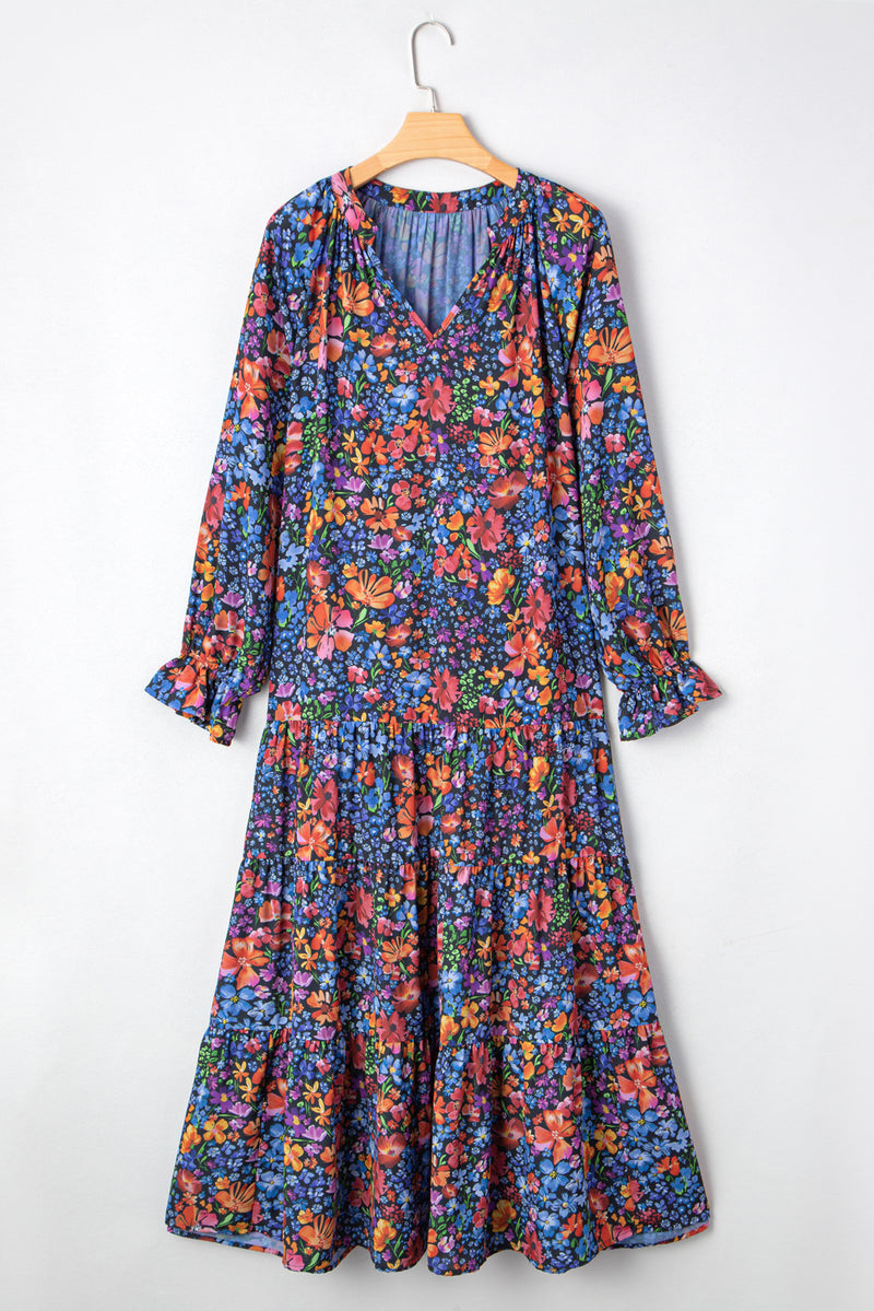 Print Tassel Tie V Neck Long Sleeve Flowy Long Dress