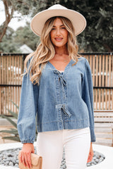 Tied Front Long Puff Sleeve Denim Top