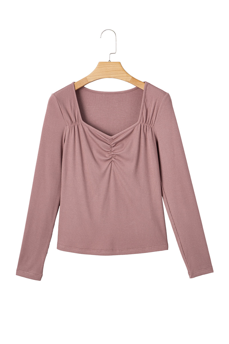 Gathered Bust Square Neck Ribbed Fit Long Sleeve Top