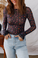 Floral Print Smocked Cuff Slim Fit Mesh Bodysuit