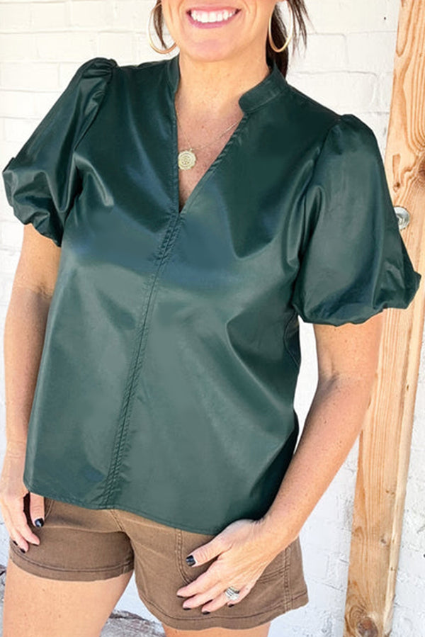 Notched V Neck Short Puff Sleeve PU Leather Blouse